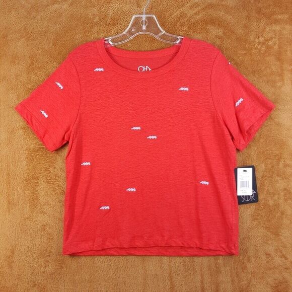 CHASER Womens Top Medium Red Pullover Crew Embroidered Linen Knit - Picture 1 of 9